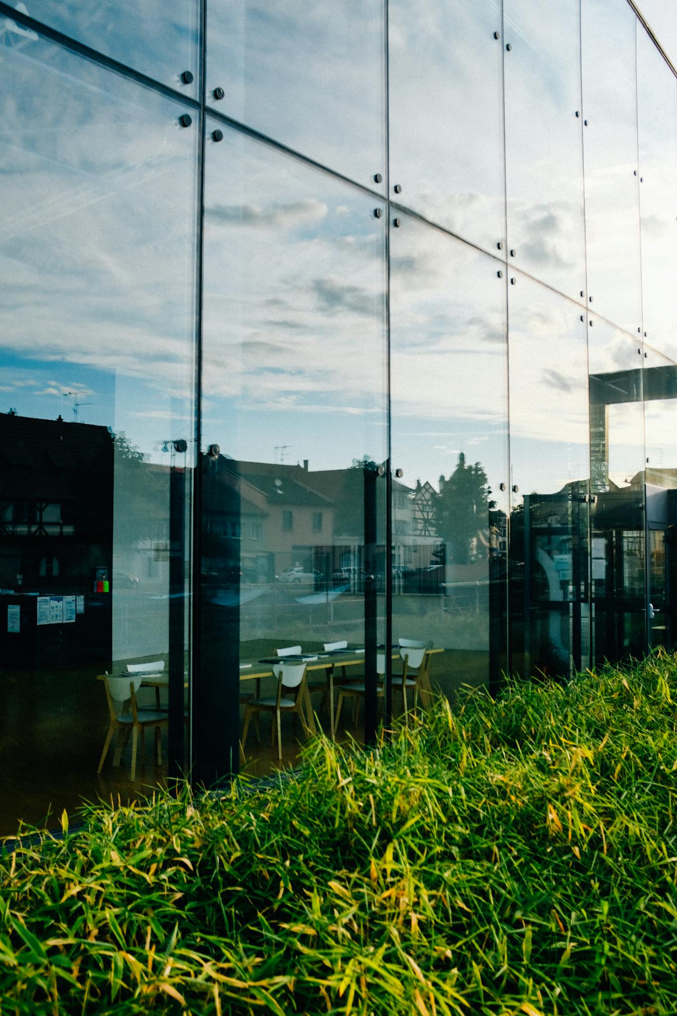 Facade of modern office glass building reflecting lush grass and residential houses in suburb